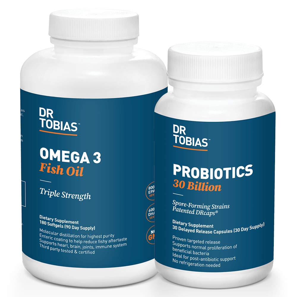 Dr Tobias Probiotiques 30 milliards et Omega 3 Huile de poisson (2000 mg) pour le soutien digestif et la santé globale