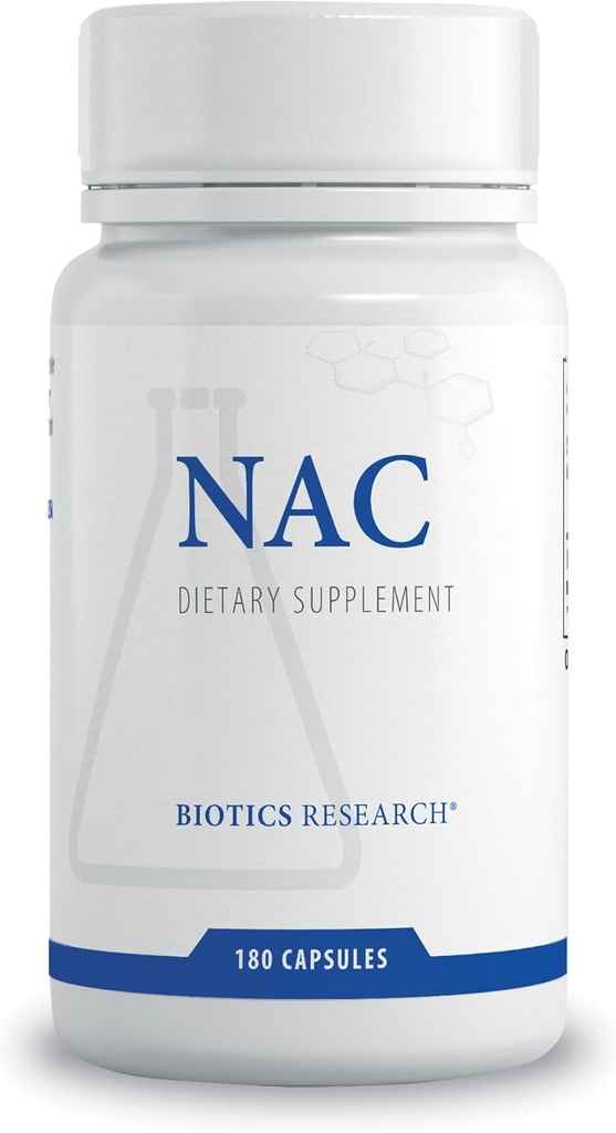 Recherche en biotique NAC N acétyl L Cysteine, 500 Milligrammes, Production de glutathion, Soutien à la désintoxication, Récupération musculaire, Lungs en santé. 180 Casquettes