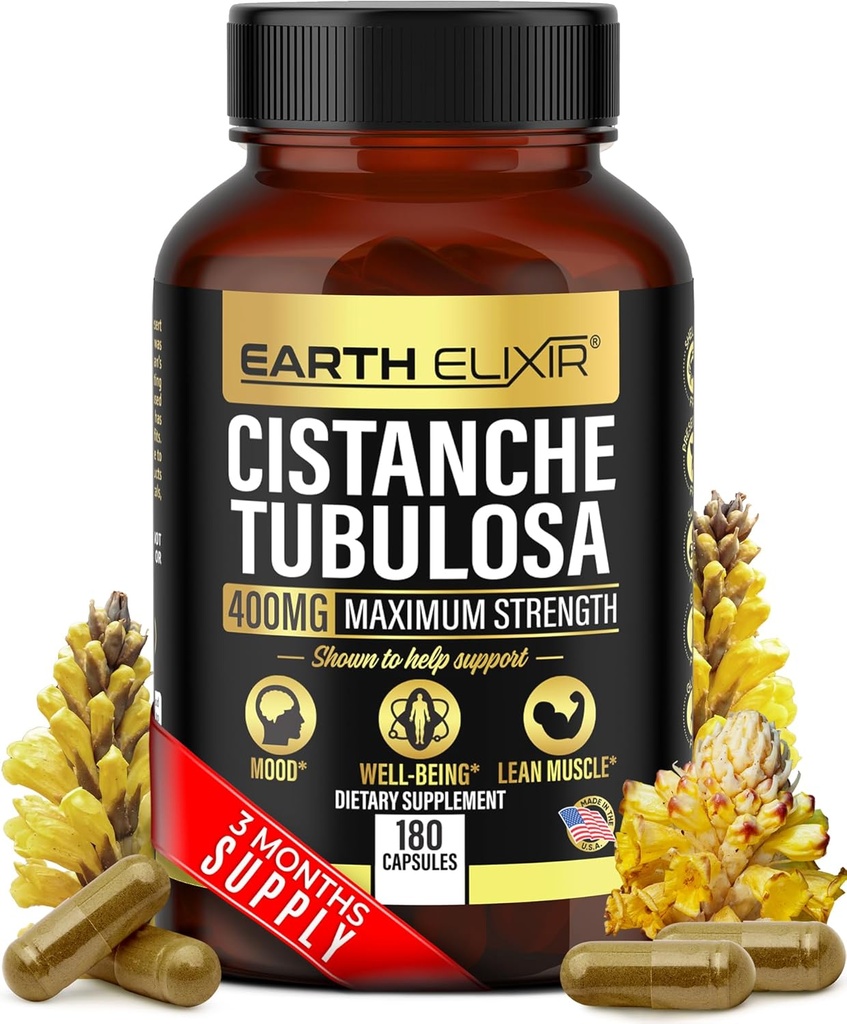 Terre Elixir Cistanche Tubulosa 400 mg (180 capsules) 3 mois d'approvisionnement – Fabriqué aux États-Unis - 3ème partie testée - Supplément Cistanche - Zéro remplissage - Pureté Max - Nootropiques - 100% Cistanche pure Herbe