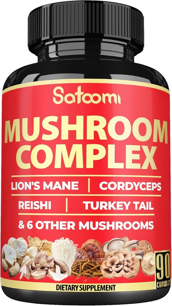 Satoomi 90 Capsules - 10in1 Turkey Tail Supplement with Lions Mane, Turkey Tail Mushroom, Reishi Mushroom & Others - for 90 Days