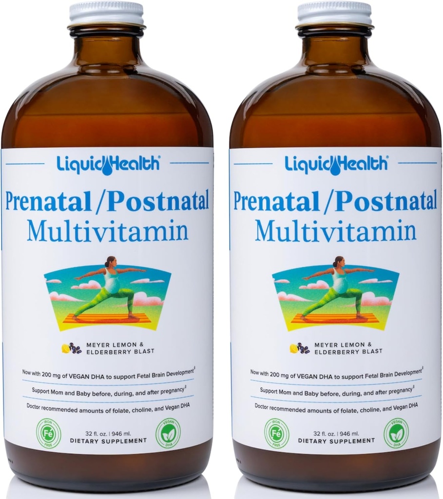 LIQUIDHEALTH Multivitamines liquides multiples prénatales/postnatales avec folate réel - Vitamines pré et postnatales pour avant, pendant, après la grossesse - Fabriqué aux États-Unis, végétalien, sans sucre, non-OGM (2 pack)