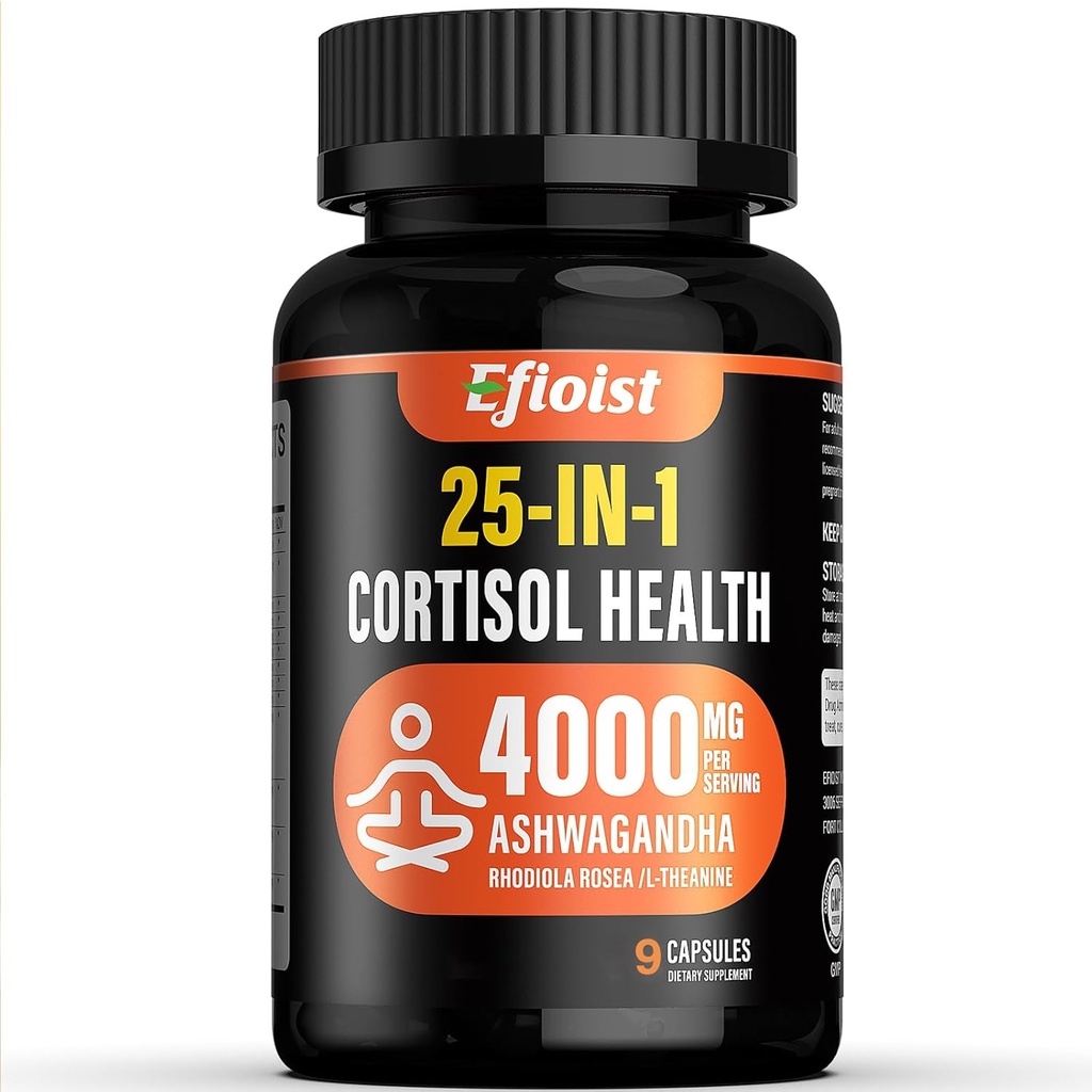 Supplément de cortisol santé, 25-en-1 Réducteur de cortisol pour les femmes et les hommes, Suppléments de cortisol pour Ashwagandha, Rhodiola Rosea, L-Theanine, 9 Capsules