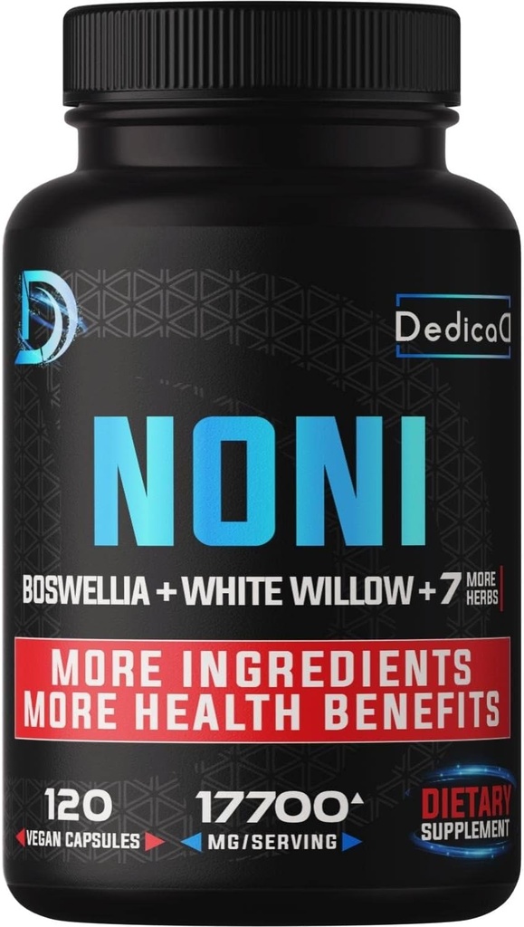 20:1 Noni Capsules 17700mg - Supplément pour le soutien immunitaire, musculaire et digestif -10in1 Ajout de Boswellia, Elderberry, Turmeric, Ginger et plus - 120 Capsules Vegan, non-OGM et sans gluten