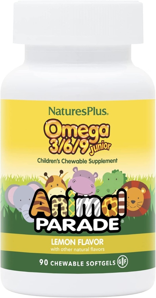 Natures Plus Animal Parade Omega 3/6/9 Junior, Lemon Flavor - 90 Softgels - Promotion de la santé immunitaire, de la peau, des yeux et du système nerveux - Non-OGM, sans gluten - 45 portions