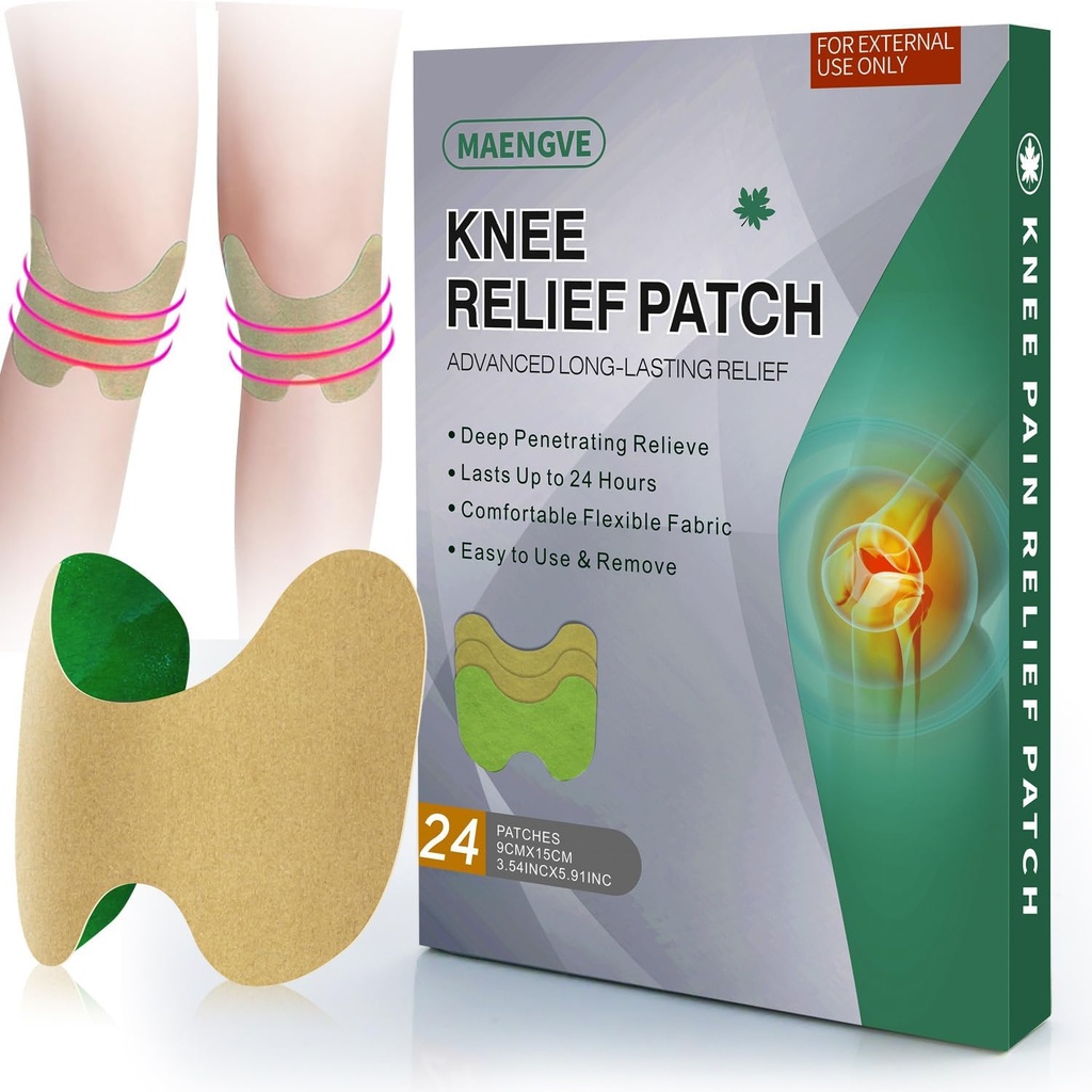 Patch de soulagement de la douleur au genou 24 Comte - Patchs de genou chaud à base d'herbes avec Mugwort, Capsaicin & Menthol - 12 heures de soutien de la persistance du genou pour os sur os, douleur articulaire, douleur musculaire