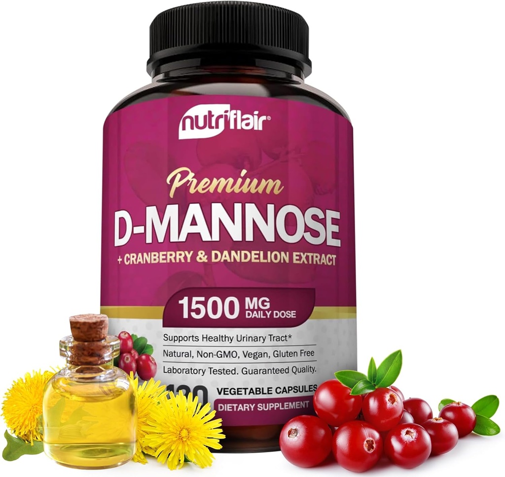 NutriFlair D-Mannose 1200mg, 120 Capsules - avec extrait de canneberge et de dandelion - Natural Urinary Tract Health UTI Support - Meilleur D en poudre de mannose - Impuretés de grippe, corps de détox, pour les femmes et les hommes