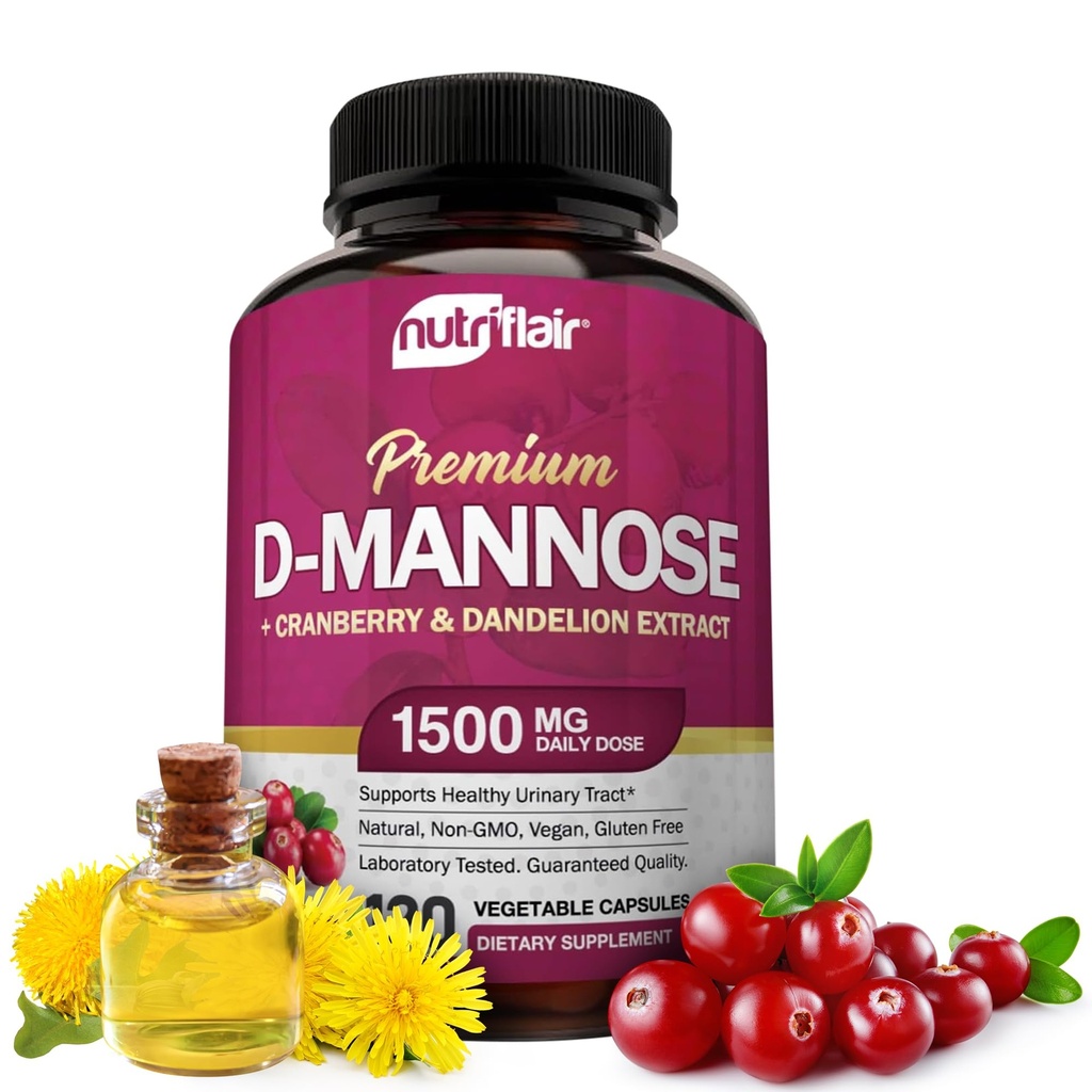 NutriFlair D-Mannose 1200mg, 120 Capsules - avec extrait de canneberge et de dandelion - Natural Urinary Tract Health UTI Support - Meilleur D en poudre de mannose - Impuretés de grippe, corps de détox, pour les femmes et les hommes