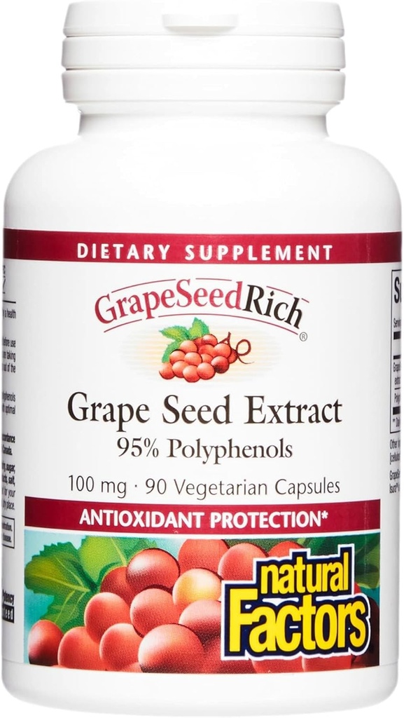 Facteurs naturels, GrapeSeedRich Grape Extract, Antioxydant Support pour une réponse inflammatoire saine, 90 Capsules
