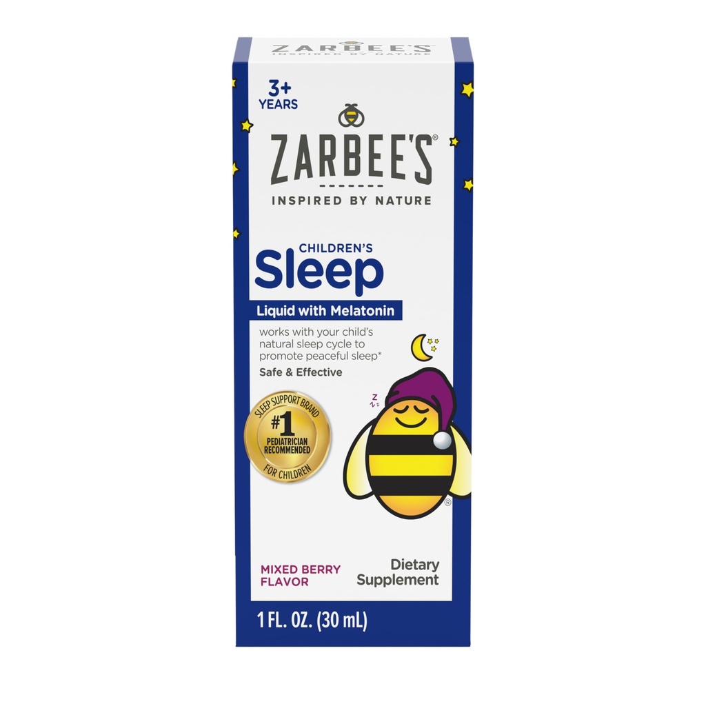 Les enfants de Zarbee Melatonin Supplément de sommeil liquide, 1mg Melatonin, sans médicament et efficace, facile à prendre saveur de baie naturelle pour les enfants 3 ans et plus, 1 Fl Oz bouteille