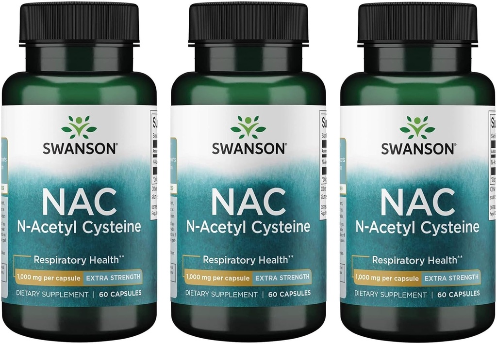 Swanson NAC N-acétyl Cystéine - Antioxydant Anti-Aging Support du foie respiratoire - Supplément acide amino 1000 mg 60 Capsules (3 Pack)