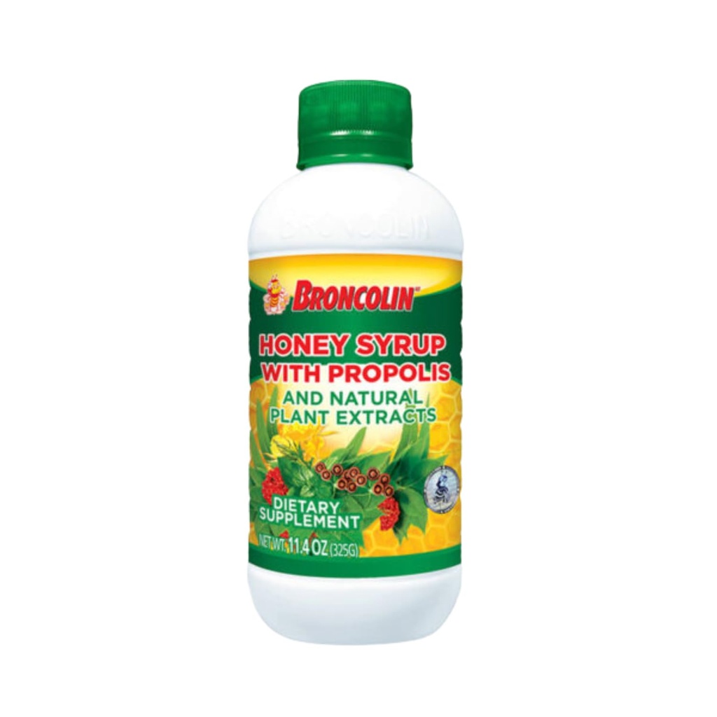 Sirop au miel Broncolin avec propolis, Sirop avec des extraits de plantes naturelles pour rafraîchir votre gorge, ingrédients naturels, Elderberry, Eucalyptus, huile de menthe poivrée, 11,4 Oz, bouteille
