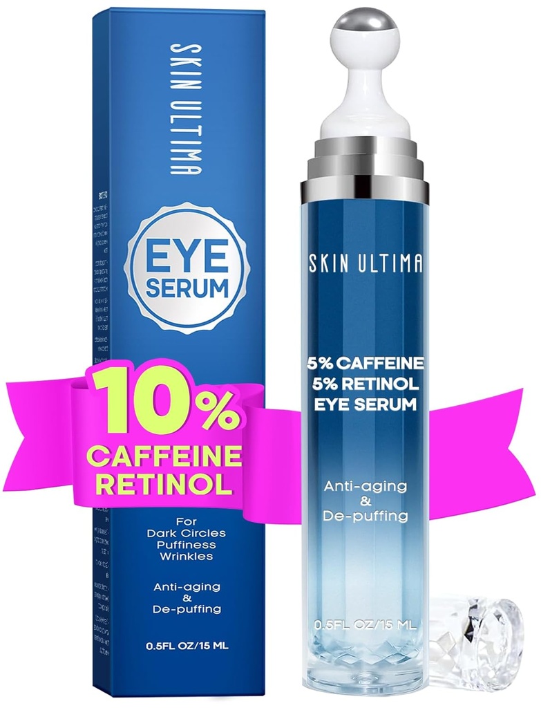 5% Caféine 5% Rétinol Crème pour les yeux pour les cercles foncés, les poches et les poches, l'acide hyaluronique et le niacinamide sous la crème pour les yeux Anti-vieillissement, Sérum pour les yeux pour les lignes fines, 360° Eye Massage Ball Roller