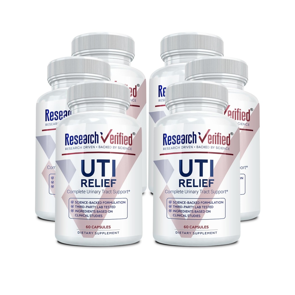 Recherche Vérifiée UTI Relief - Supplément de soutien de l'urine - 100% naturel, végétalien avec Lingonberry, canneberge et D-mannose - 6 bouteilles (6 mois d'approvisionnement)