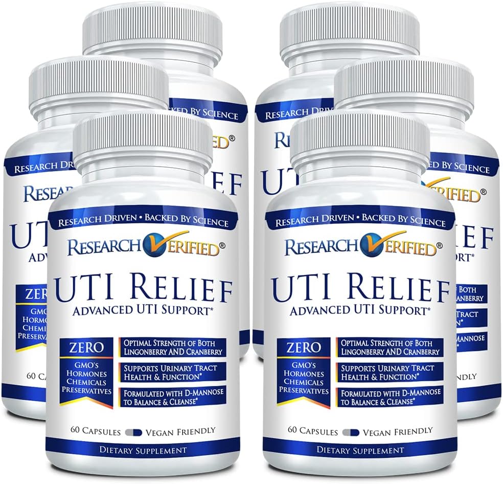 Research Verified UTI Relief - Urinary Tract Support Supplement - 100% Natural, Vegan with Lingonberry, Cranberry & D-Mannose - 6 Bottle (6 Month Supply)