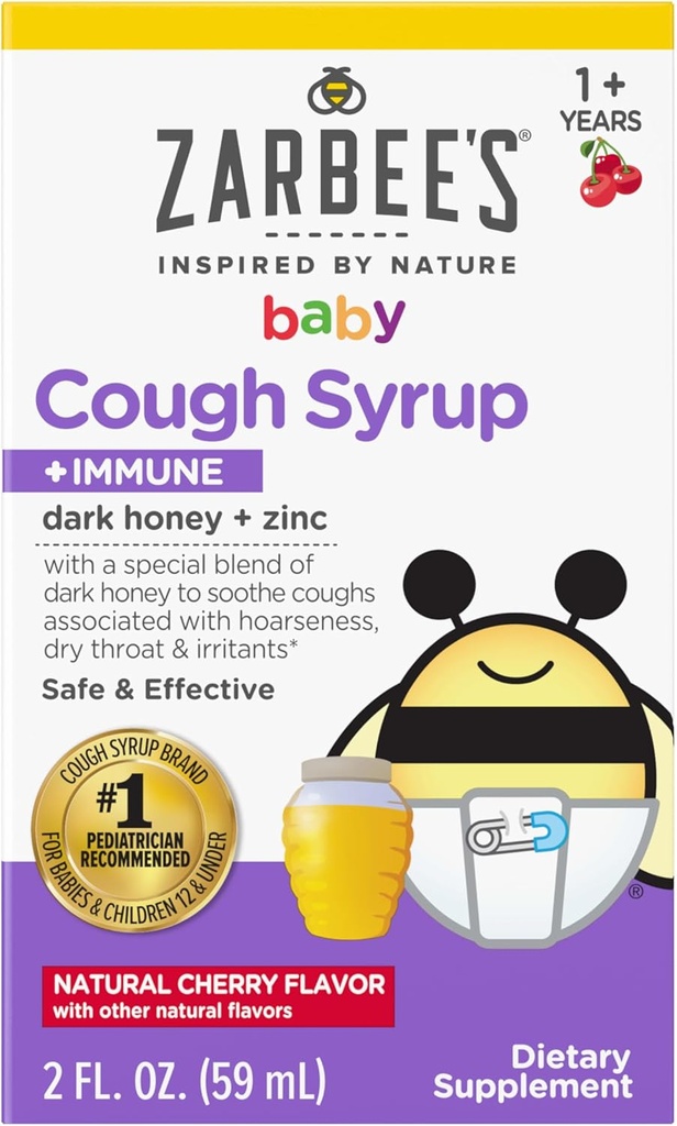 Syrup pour bébé de Zarbee en Miel + Immune pour bébés 12-24 mois, Sirop de Toux sûr et efficace avec du miel noir apaisant et du zinc pour le soutien immunitaire*, sans drogue et sans alcool, cerise, 2 fl. oz