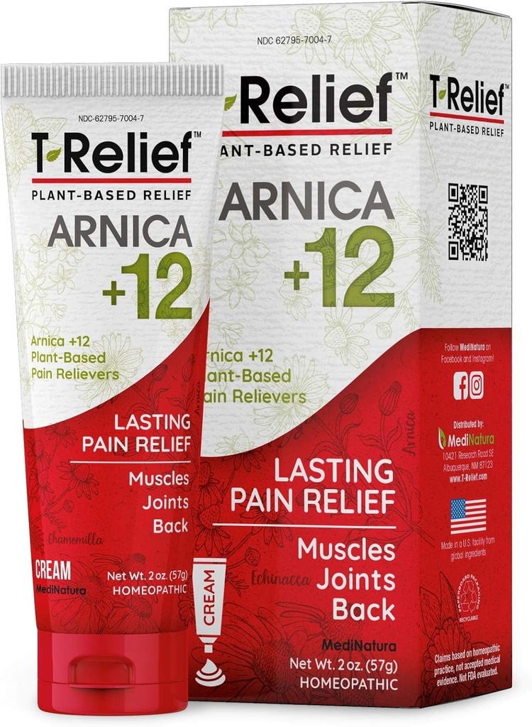T-Relief Arnica +12 Crème Naturelle Soulagement Actives pour la douleur du dos Douleurs musculaires et étourdissement Corps entier Soulagement rapide pour les femmes et les hommes - 2 oz