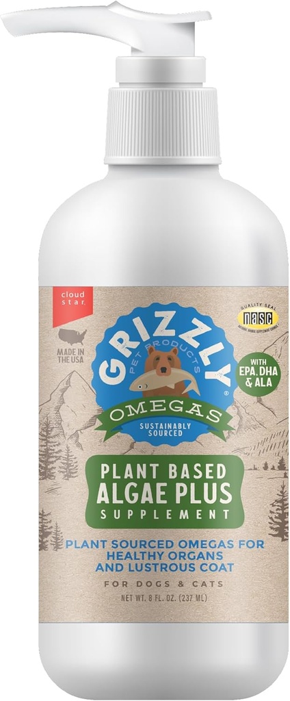 Produits pour animaux de compagnie grizzly Algal Plus Omega 3-6-9 Supplément alimentaire pour chiens et chats, 8 bouteilles d'Once
