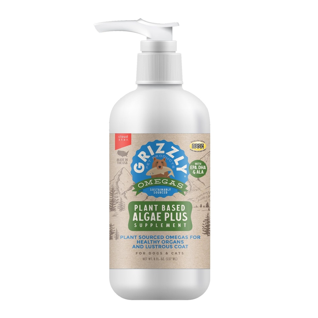 Produits pour animaux de compagnie grizzly Algal Plus Omega 3-6-9 Supplément alimentaire pour chiens et chats, 8 bouteilles d'Once
