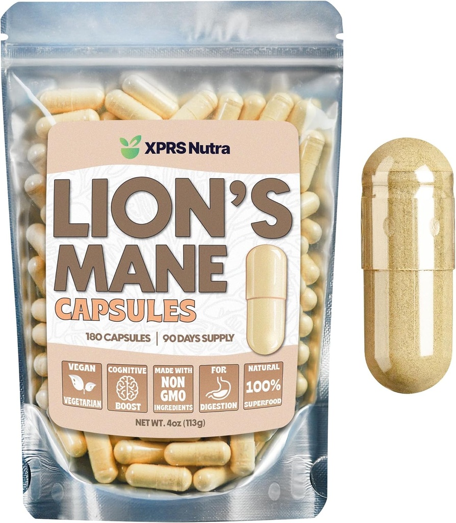 XPRS Nutra Organic Lions Mane Complément Capsules - 180 Compte (90 jours d'approvisionnement) de capsules de champignons Lions Premium pour la clarté mentale, la cognition et l'immunité Lions Mane Capsules en poudre