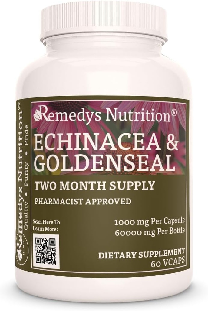 Remèdes Nutrition Echinacea & Goldenseal $ 1000mg, 60 Capsules végétaliennes complément alimentaire à base de plantes $ Approvisionnement de deux mois