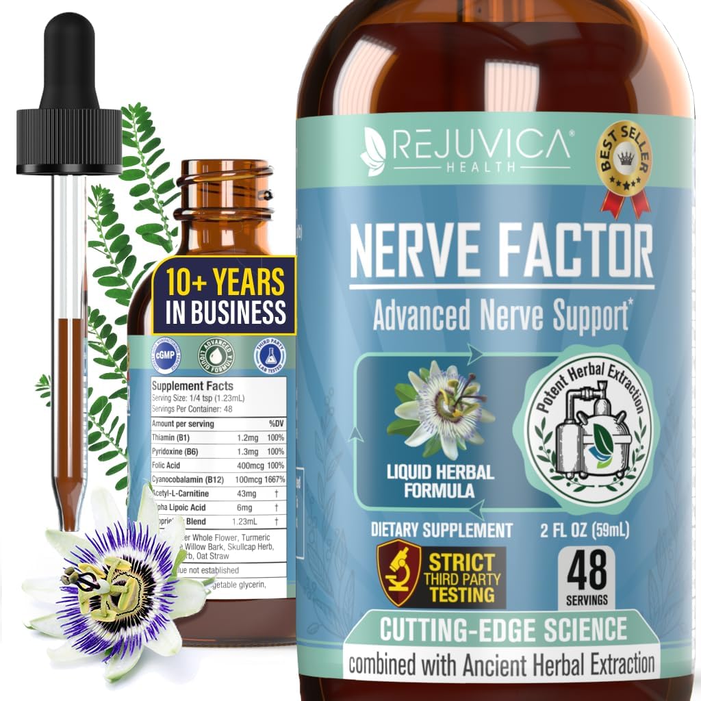 Rejuvica Health NerveFactor - Supplément avancé de soutien à la nerve - Livraison liquide pour une meilleure absorption - Acétyl-L-Carnitine, acide alpha lipoïque, vitamine B12, acide folique, saule blanche et plus encore!