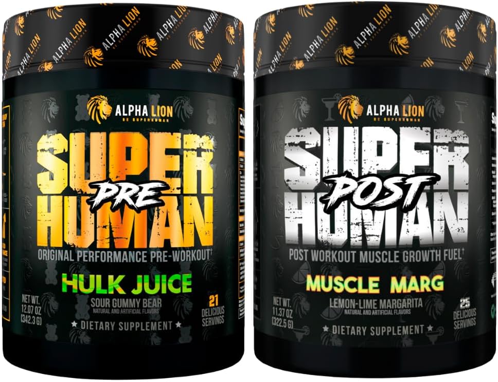 ALPHA LION Superhumain Préentraînement Poudre et post entraînement Recovery Bundle, Sustained Energy & Focus + Lean Muscle Growth, Strength & Volume (Hulk Juice & Muscle Marg