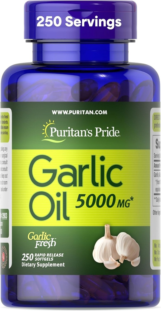 Puritan's Pride Premium Ail Fresh 5000mg, supplément alimentaire traditionnel pour la santé cardiaque et le soutien de la circulation avec propriétés antioxydantes, 250 softgels à libération rapide