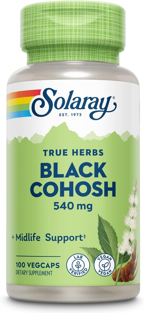 SOLARAY Noir Cohosh 540 mg , Supplément de soutien à la ménopause et à la santé des femmes , Root entier , Non-OGM, Vegan & Lab Vérifié , 100 VegCaps