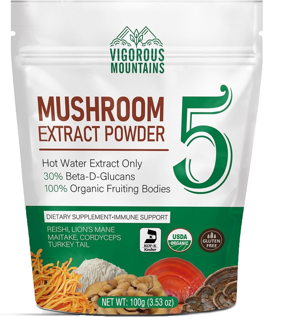 Supplément en poudre de champignons biologiques VIGOREUX - USDA certifié, Lions Mane & Reishi pour le soutien immunitaire, Focus cerveau, végétalien, mélange instantanément dans le café et les smoothies (100g)