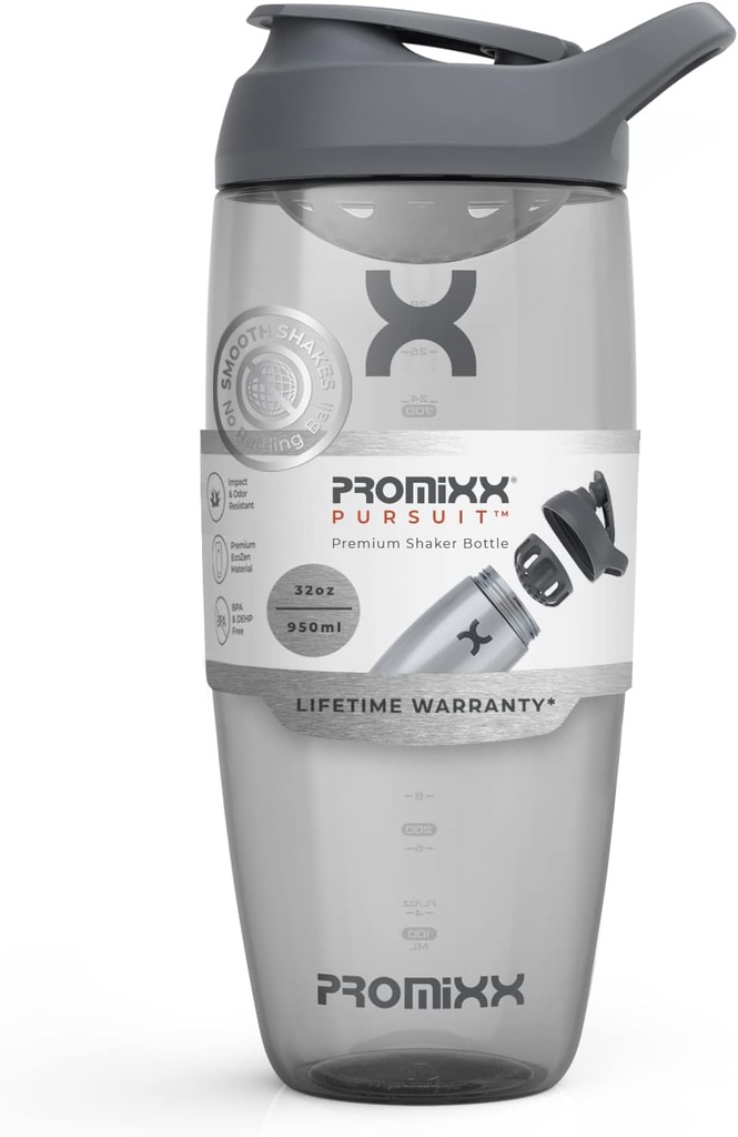 Bouteille Promixx Pursuit Protein Shaker (32 oz) – Mélangeur silencieux sans bille, filet de protection, BPA/BPS & ECOZEN sans phtalate – Coupe facile à nettoyer pour les smoothies pré- & post-entraînement