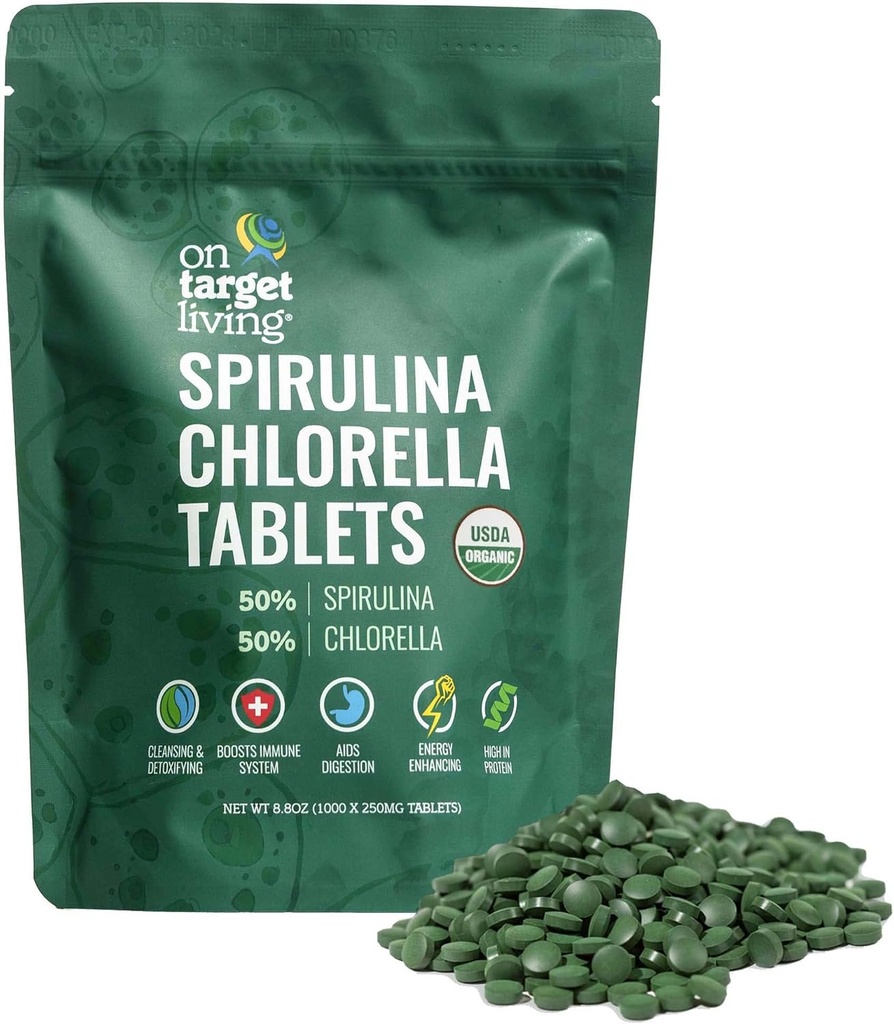 Sur la cible vivant Spiruline biologique Chlorella , Supergreens , USDA Organic , 1000 comprimés - 250 G (8,8 oz) , Vegan , Immmune Support , Alcalyzing , Nutrient Sense , Protéines