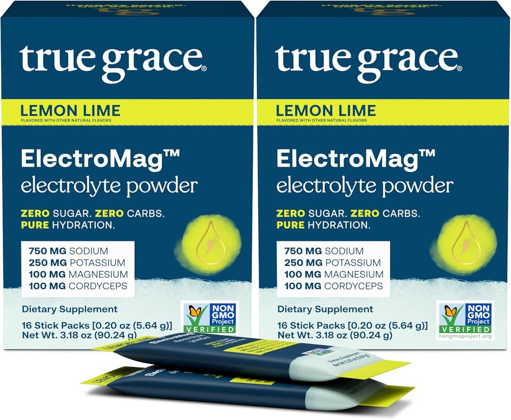 True Grace ElectroMag - Boîtes de 16 bâtons (paquet de 2) - Citron Lime - Poudre d'électrolyte pour une hydratation rapide - Sodium, potassium, magnésium et cordyceps - Zéro sucre et glucides - Non-OGM - 32 Total des portions