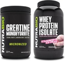 NutraBio Créatine monohydratée, non aromatisée, Isolée de protéines de 500g et de lactosérum, Crème glacée aux fraises, Ensemble supplémentaire - Énergie musculaire, Croissance musculaire maigre, récupération et force
