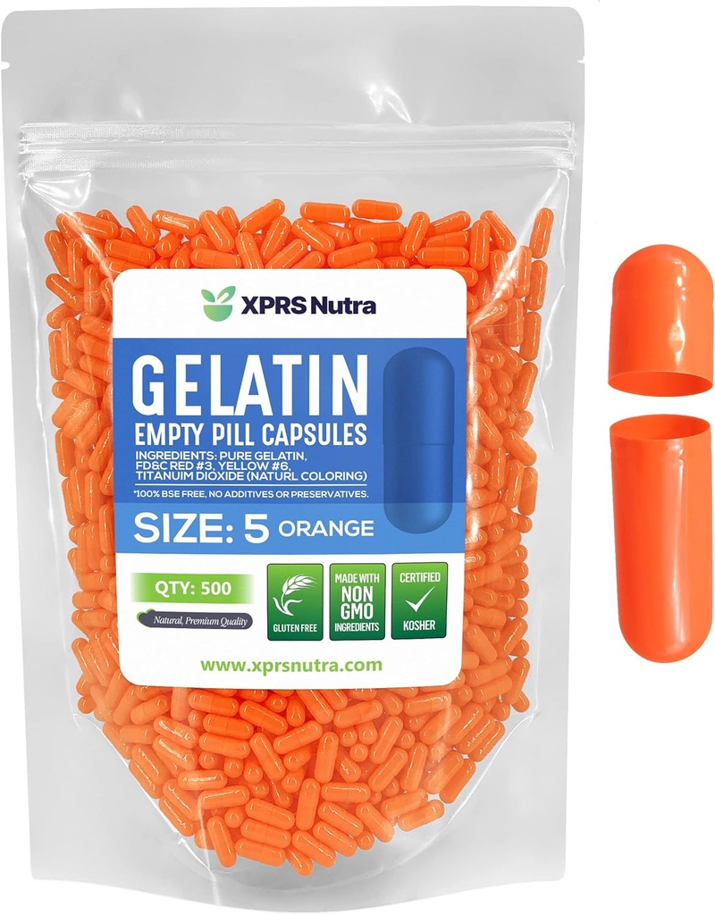 XPRS Nutra Taille 5 Capsules vides - 500 Compter les capsules de gélatine vides très petites - Pills Bricolage Capsule Remplissage - Gel de pilules rechargeables pour Do-It-Youlf Suppléments de vitamines (Orange)