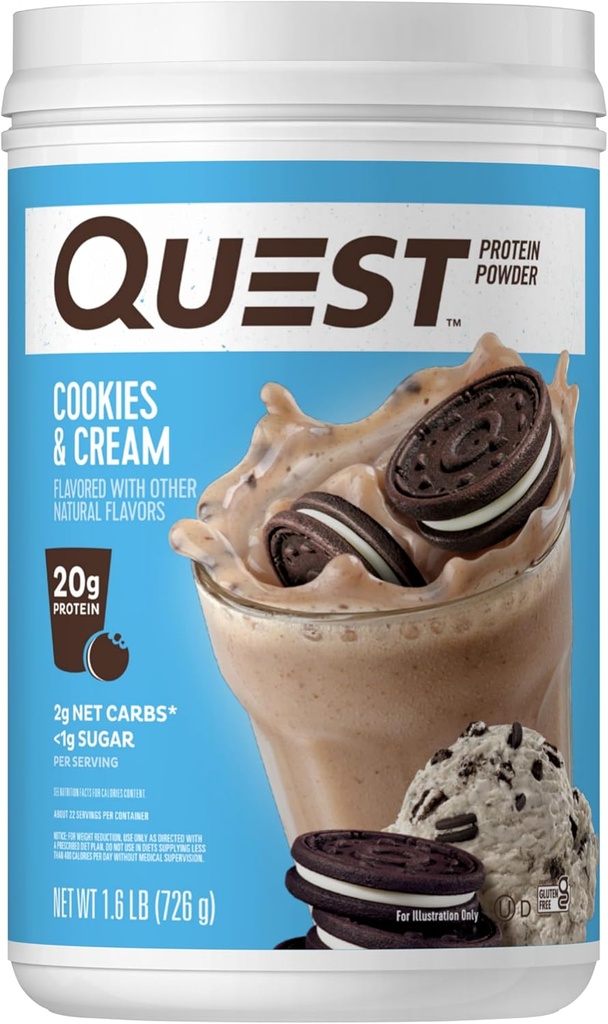 Quest Nutrition Cookies et crème en poudre de protéines, 20g de protéines, 1g de sucre, faible teneur en glucides, sans gluten, 1,6 livre, 24 portions