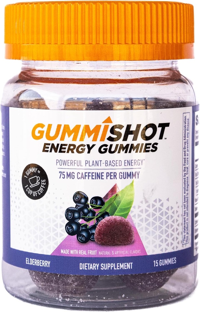 GummiShot Energy Gummies, 1125 mg d'égratignures de caféine par bouteille, Boosters d'énergie longue durée, Elderberry (15ct)