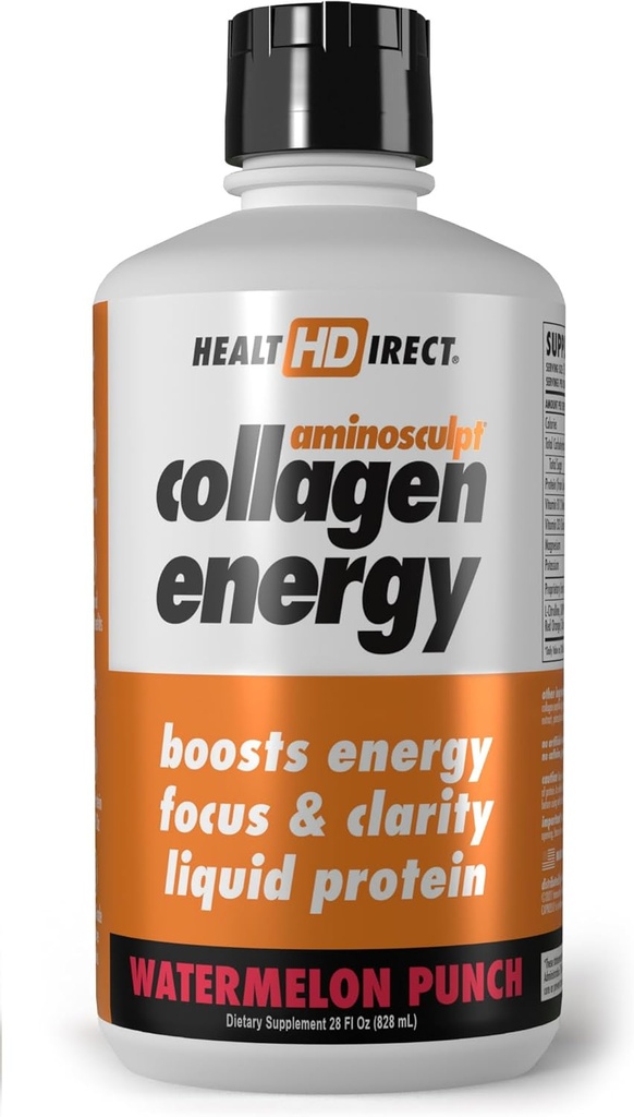 DIRECT DE SANTÉ - AminoSculpt Collagène Énergie - Collagène liquide pour l'hydratation, la circulation et l'énergie - Vitamine B12, Electrolytes, L-Citrulline, Capros Amla - Punch pastèque - 28 Fl Oz (28 portions)