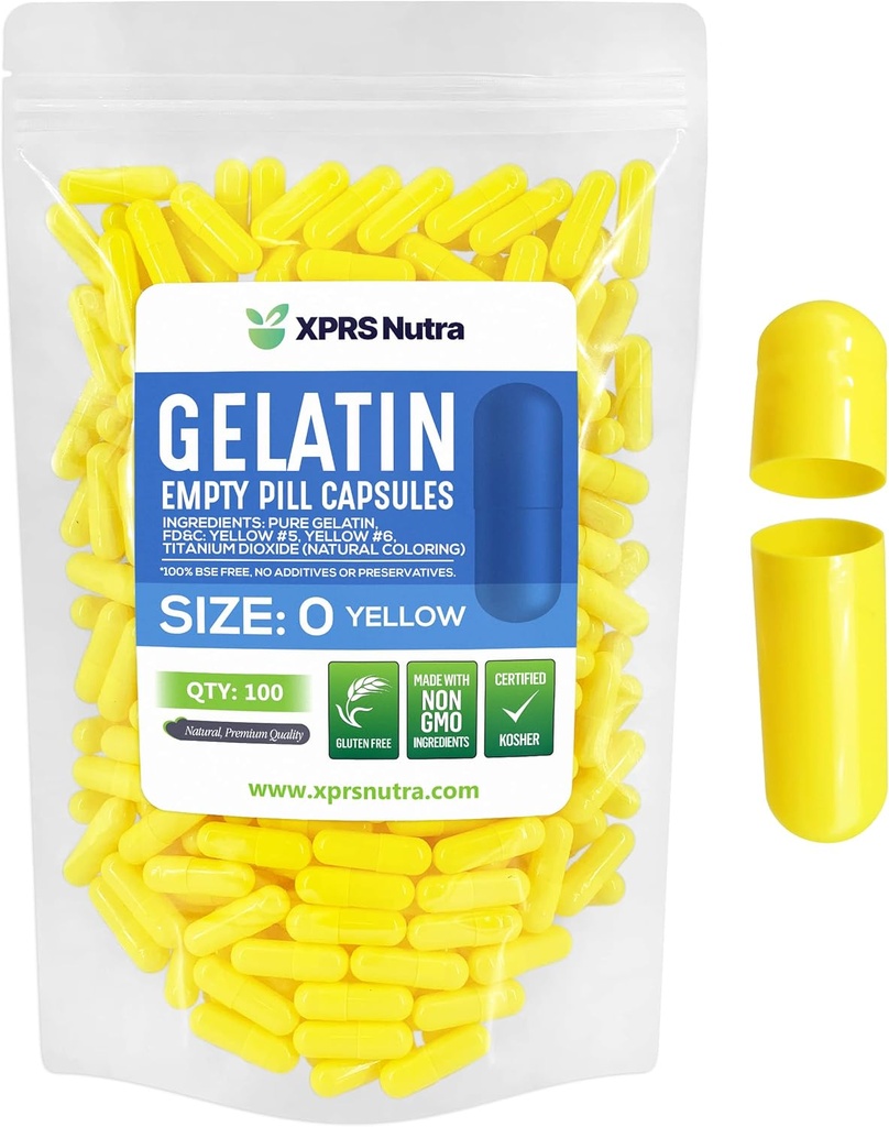 XPRS Nutra Taille 0 Capsules vides - 100 Compte Capsules de gélatine vides - Pills Bricolage Capsule Remplissage - Pure Pilule Gel Caps pour Do-It-Youlf Suppléments (jaune)