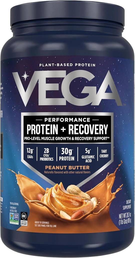Vega Sport Vegan Protein Powder + Recovery - 30g Protéines végétales par portion, beurre d'arachide, 19 portions, 5g BCAAs, probiotiques, certifié NSF, pour Shakes & Smoothies, 1,8lbs (Packaging May Vary)