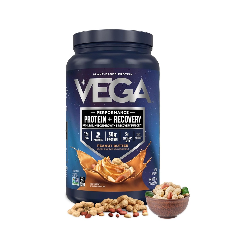 Vega Sport Vegan Protein Powder + Recovery - 30g Protéines végétales par portion, beurre d'arachide, 19 portions, 5g BCAAs, probiotiques, certifié NSF, pour Shakes & Smoothies, 1,8lbs (Packaging May Vary)