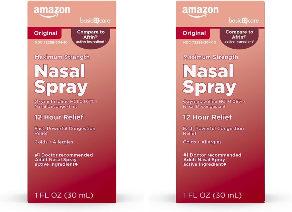Soins de base Concentration maximale Spray nasal de 12 heures, solution de HCl à Oxymétazoline, soulagement de la congestion, médecine froide et allergique, dynamitage, 1 Fl Oz (paquet de 2)