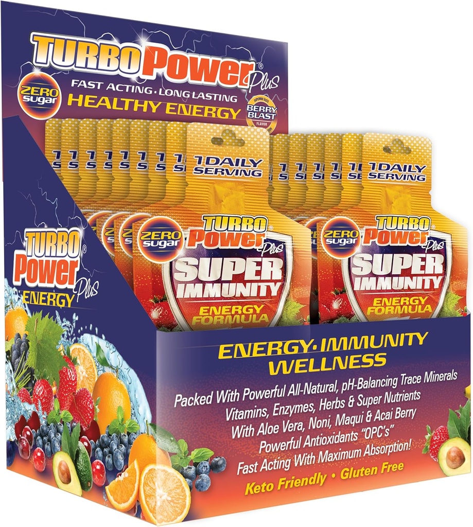 Turbo Power Plus Immune Support 1 Oz. Formule énergétique : 17 puissants antioxydants, 47 vitamines, enzymes, vitamine D3, vitamine A, vitamine C, zinc, et tous naturels pH-Balancing Trace Minerals