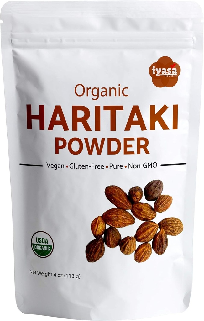 Iyasa Holistics Organic Haritaki Powder, Harde, Harad, Terminalia chebula, Kadakapudi, Ayurveda herb for Digestion, Gas Relief, Healthy Bowel Function, superfood, Resealable Pouch of 4 oz