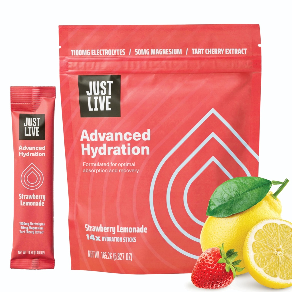 Just Live Active Hydration - Strawberry Lemonade, Electrolyte Drink Mix, Tart Cherry Extract, Supports Recovery & Absorption, Low Sugar, 14 Pack