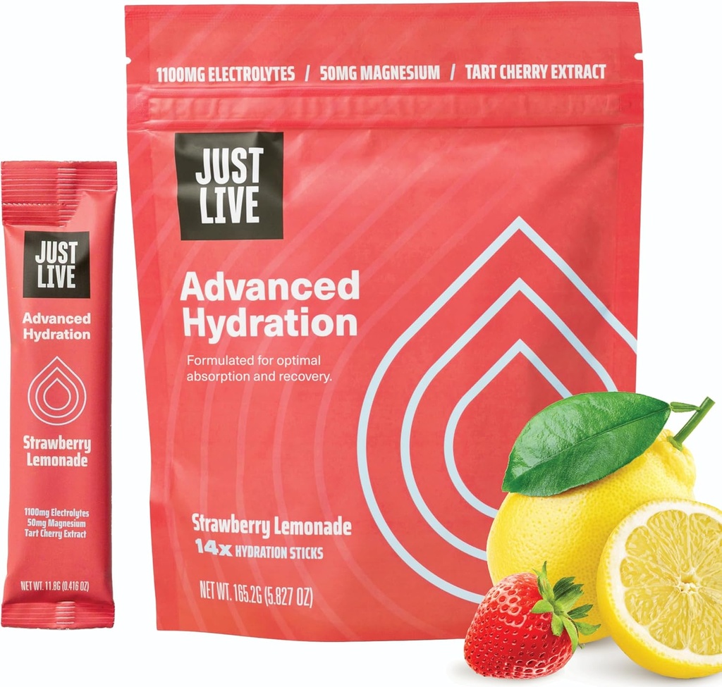 Juste vivre l'hydratation avancée - Lémonade de fraise, Mélange de boisson d'électrolyte, Extrait de cerise de tart, soutient la récupération et l'absorption, faible sucre, 14 Pack