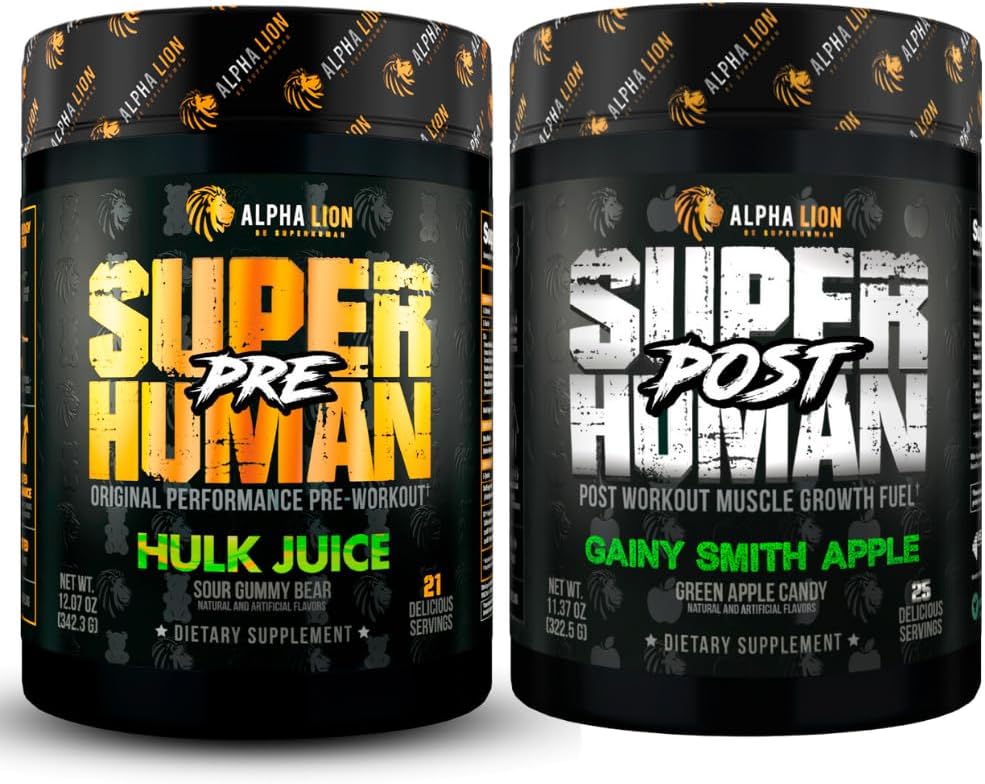 ALPHA LION Superhuman Pre Workout Powder & Post Workout Recovery Bundle, Sustained Energy & Focus + Lean Muscle Growth, Strength & Volume (Hulk Juice & Gainy Smith Apple)
