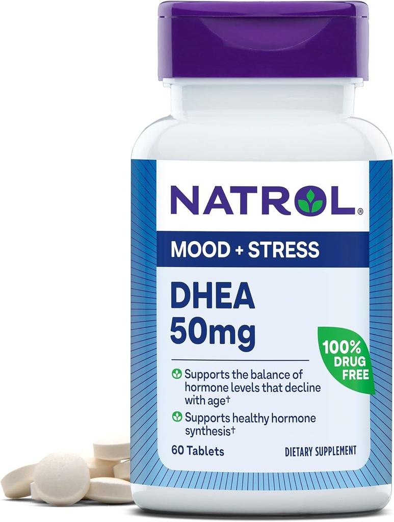 Natrol Mood & Stress DHEA 50mg avec Calcium, complément alimentaire pour l'équilibre de certains niveaux d'hormone et soutien d'humeur, 60 comprimés, 60 jours d'approvisionnement