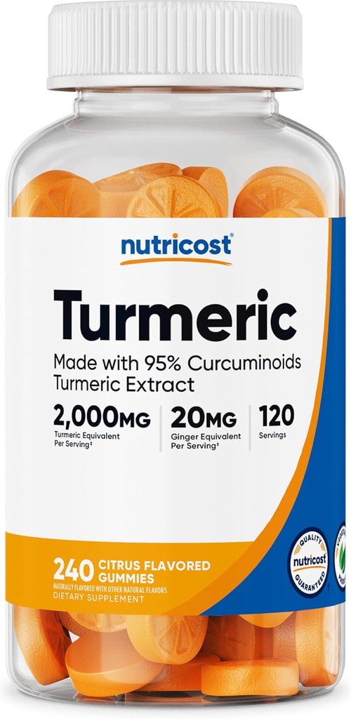 Gummies Turcuma Nutricost (240 Gummies) - Aromatisés aux agrumes, fabriqués avec des curcuminoides à 95 %, 120 portions, comprend des extraits de gingembre et de poivre noir, végétariens, non-OGM et sans gluten