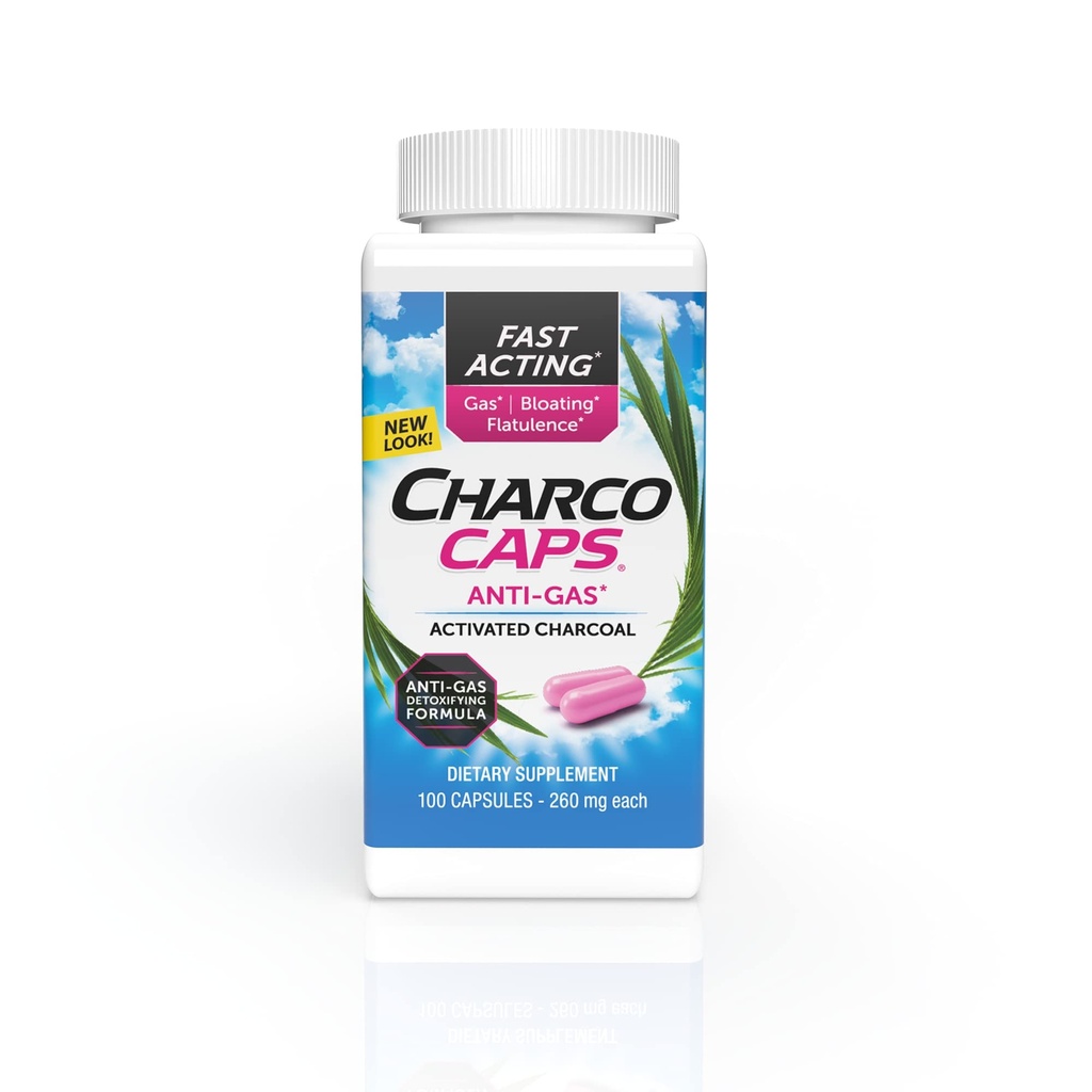 Charcocaps Relief d'essence à action rapide pour le gonflement et la flatulence, formule de charbon activé de désintoxication sans drogue, 100 capsules, 30 jours d'approvisionnement, rose