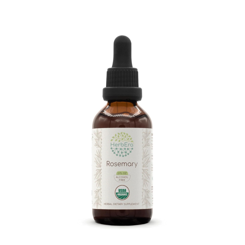 HerbEra Rosemary B60 USDA Teinture biologique (extrait sans alcool, gouttes à base de plantes de haute puissance) Rosemary biologique certifié (Rosmarinus Officinalis) Feuille séchée (2 oz)